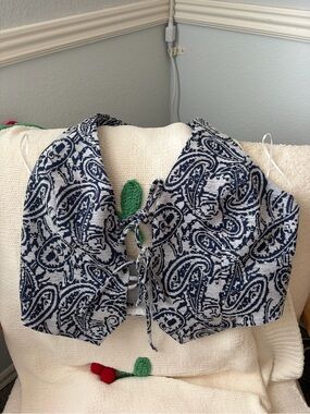 Vici Navy and White Paisley Lace-Up Crop Top
